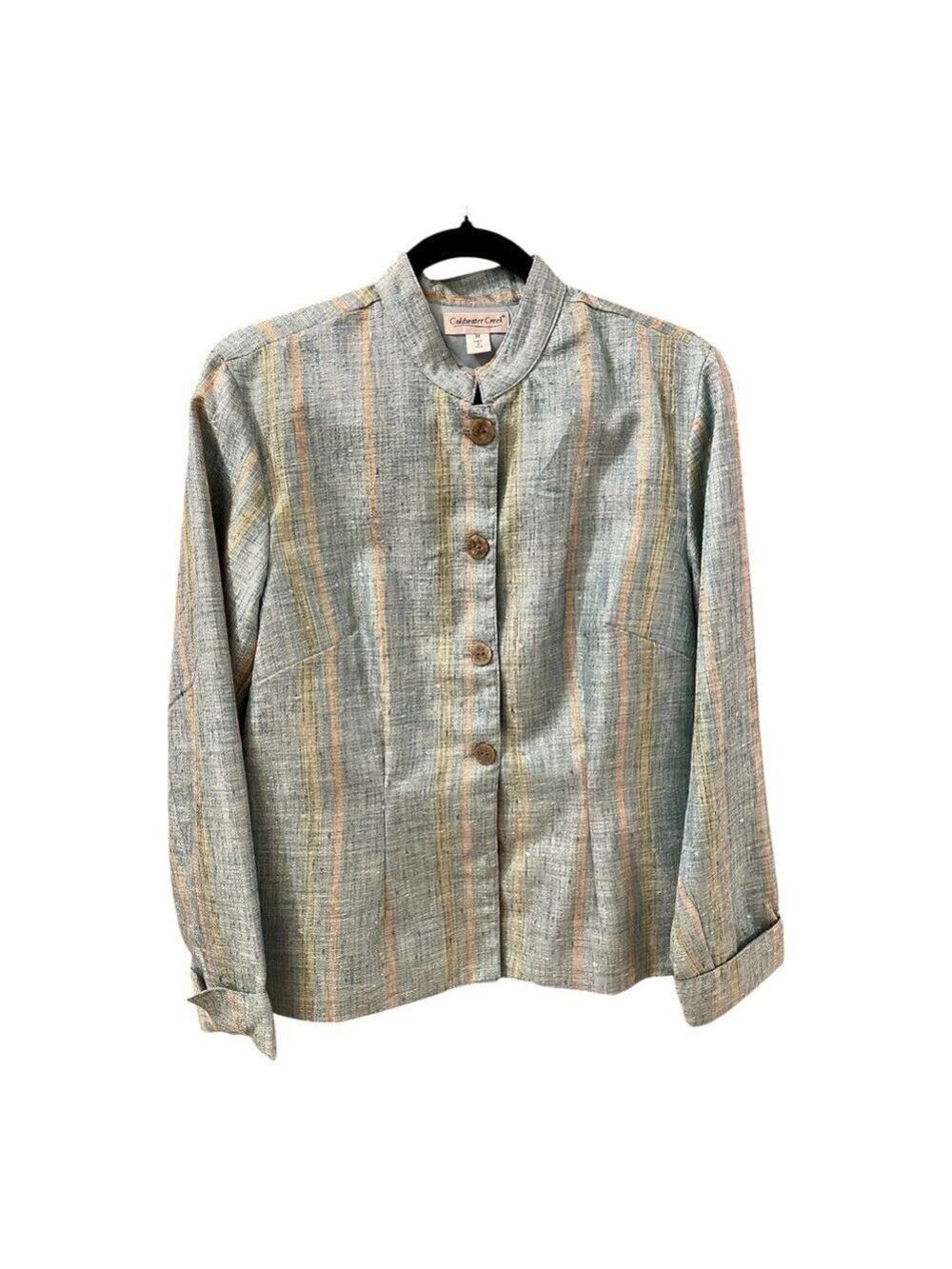Coldwater Creek Muted Green Striped Casual Jacket, Nehru Collar, Fully Washable.